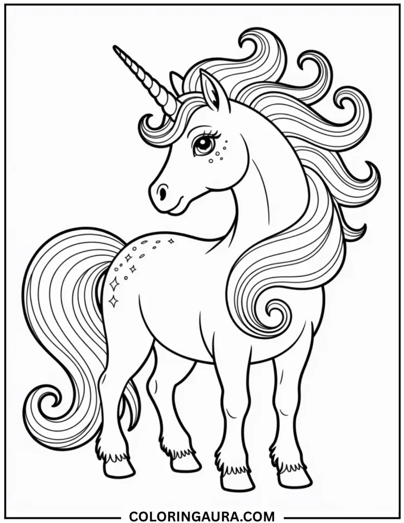 Outline art for coloring featuring a beautiful, majestic unicorn with a long, spiraled horn, a flowing, curly mane and tail, and star-like freckles on its face and flank