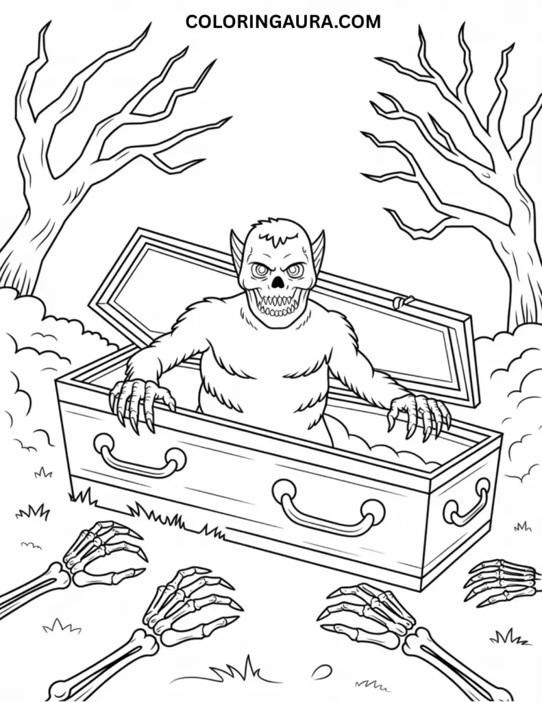 Black and white line art coloring page of a fanged, skull-faced monster with pointed ears emerging from an open coffin. Skeletal hands reach up from the ground, and two bare, gnarled trees stand in the background.