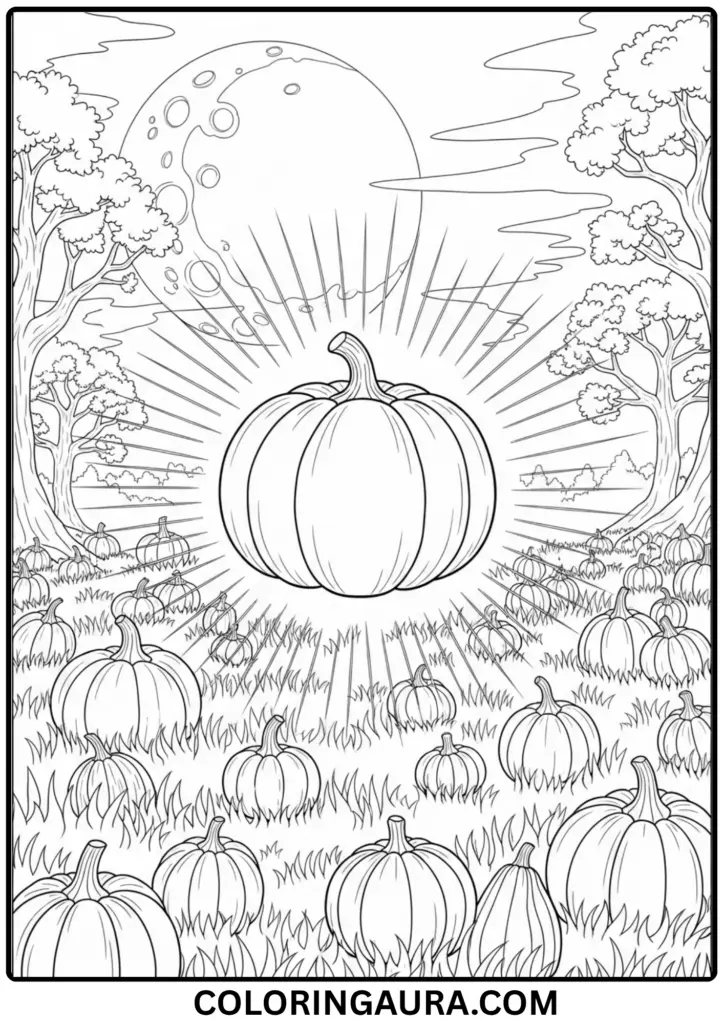 Outline of a glowing pumpkin in a night field with smaller pumpkins around
