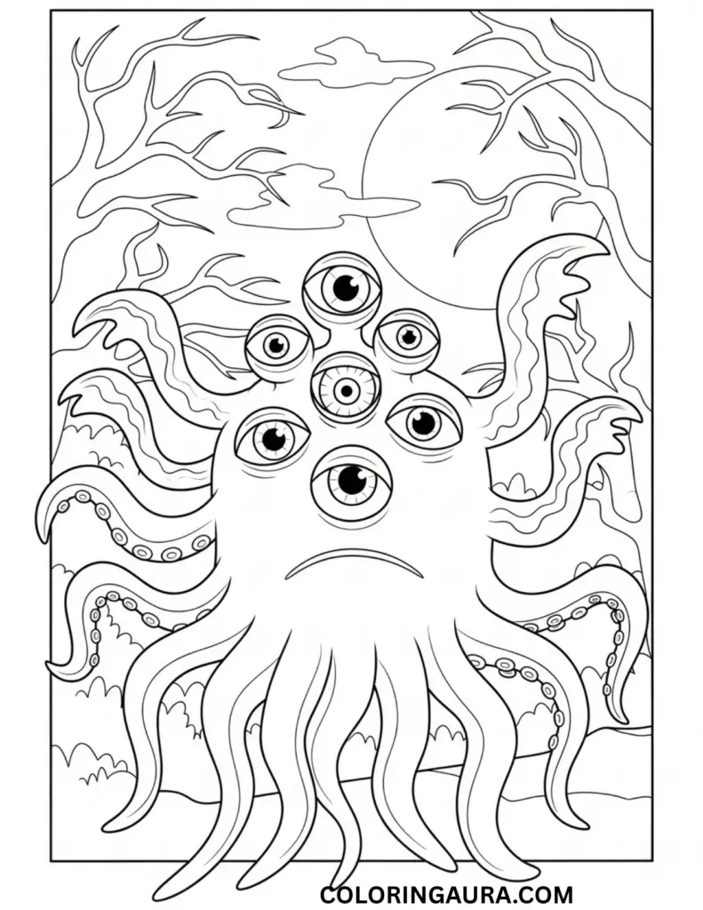 Black and white line art coloring page depicting a large, octopus-like monster with seven prominent eyes and numerous tentacles, standing in a spooky, bare-branched forest under a full moon