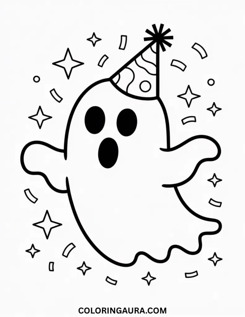 Outline art for coloring featuring a surprised-looking cartoon ghost wearing a pointed party hat with a patterned swirl, surrounded by falling confetti and sparkling stars.