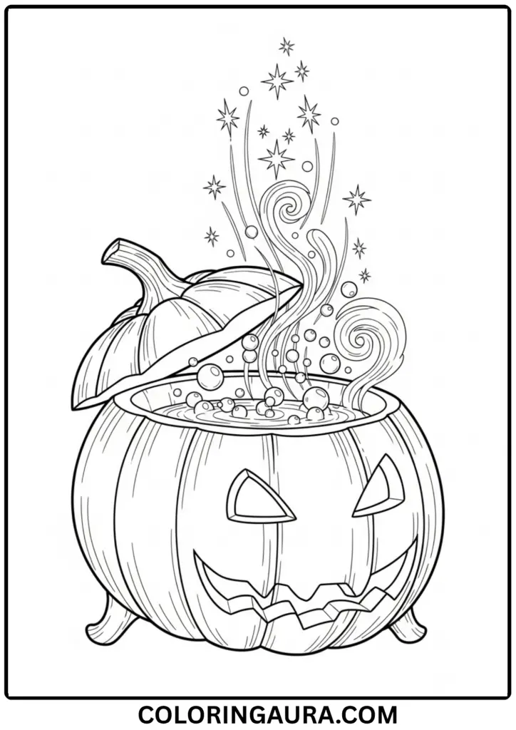 Outline of a pumpkin used as a cauldron with bubbling potion and sparkles