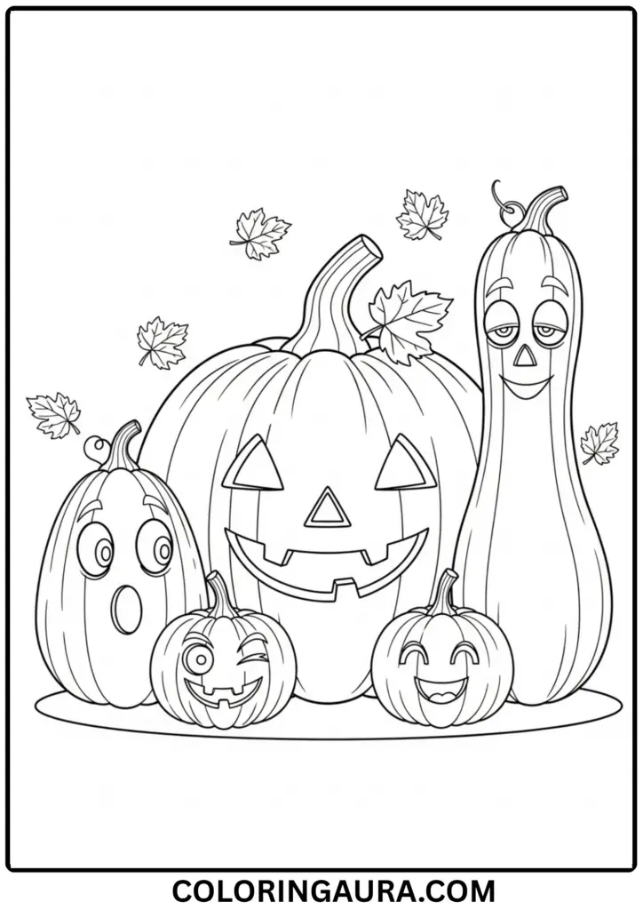 Outline of several pumpkins with different carved expressions grouped together
