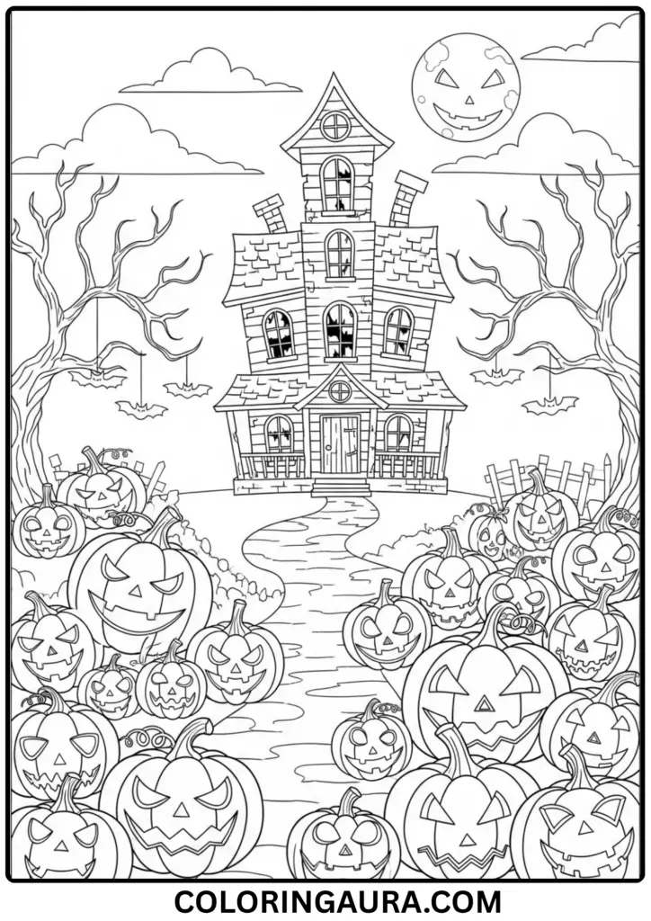 Outline of pumpkins in front of a haunted house with glowing face