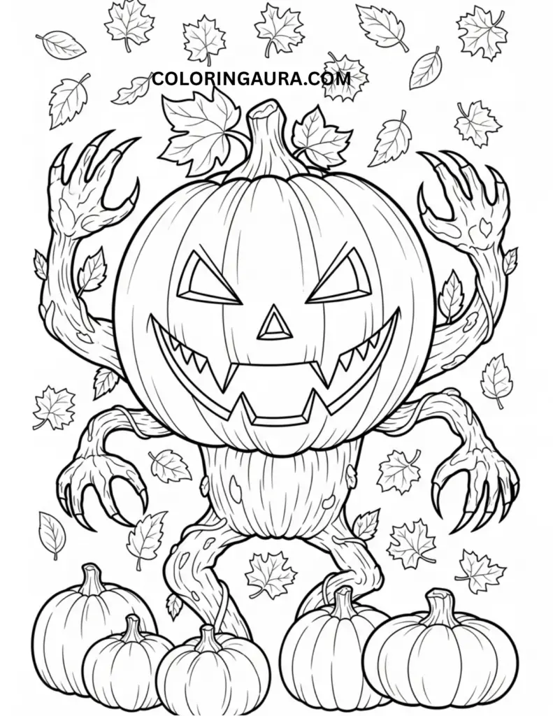 Black and white line art coloring page of a menacing pumpkin monster with a carved jack-o'-lantern face, vine-like arms and legs ending in sharp claws, surrounded by falling autumn leaves and smaller pumpkins.
