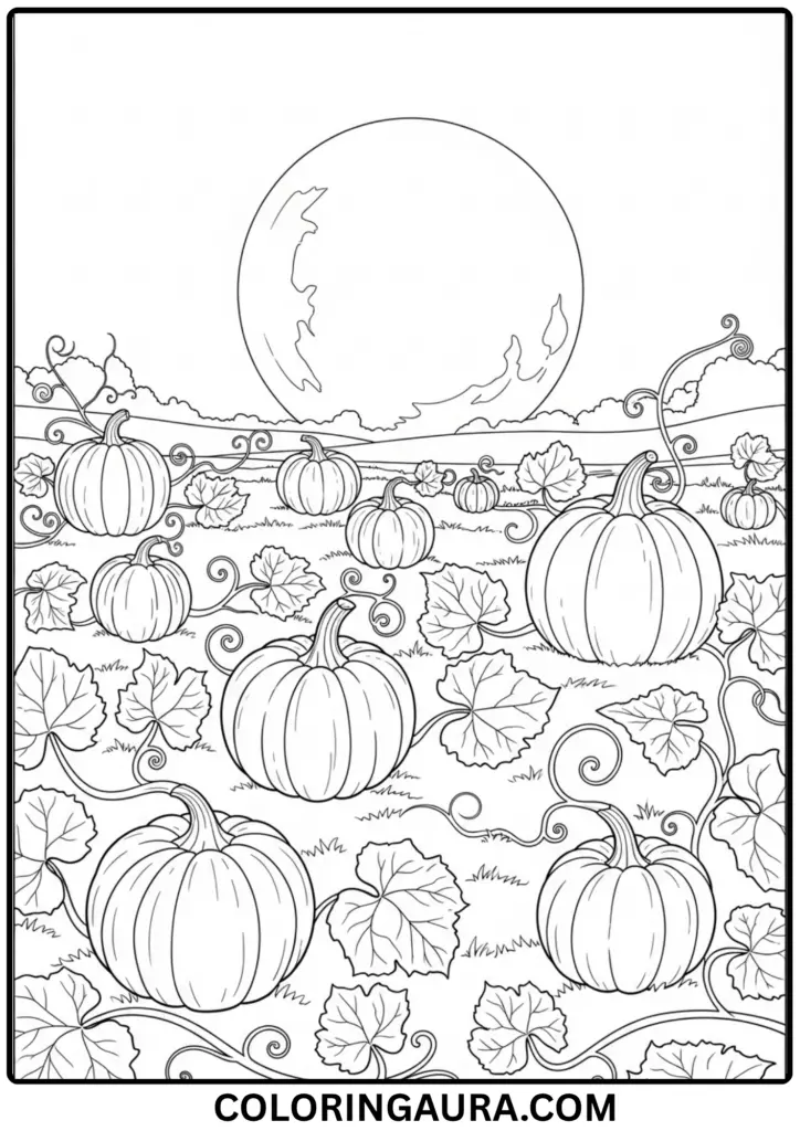 Outline of pumpkins in a field under a glowing moon with vines and leaves.