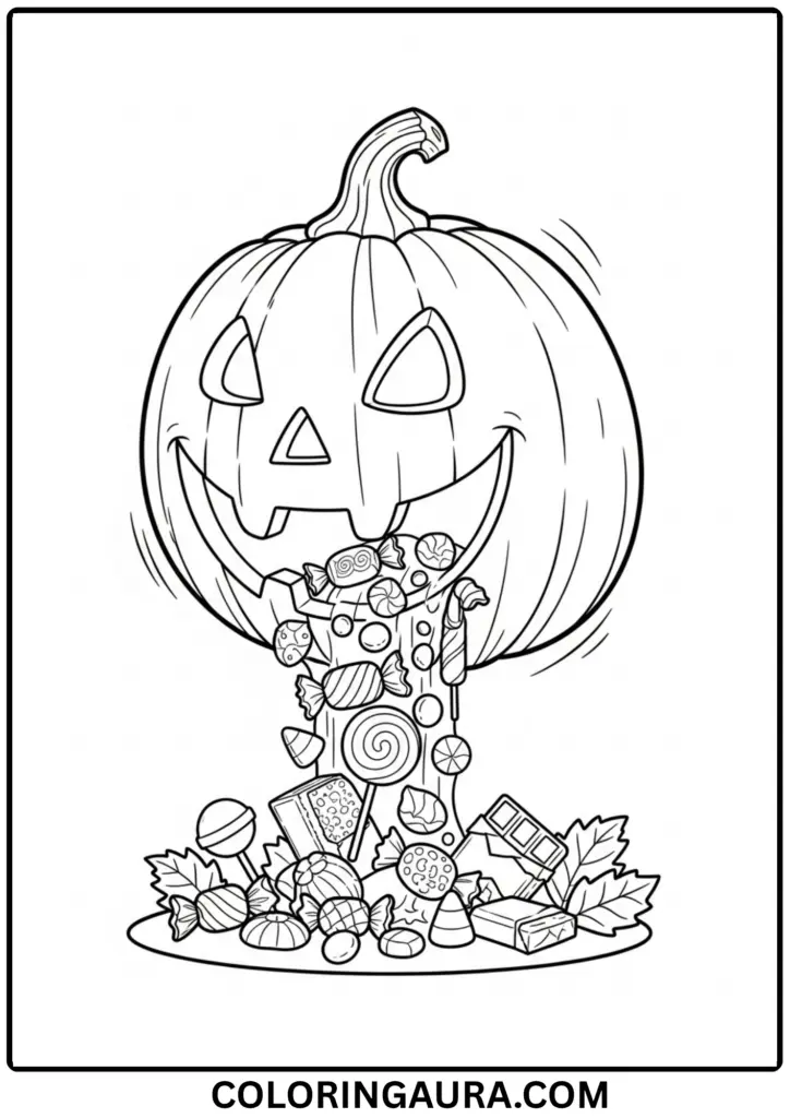 Outline of a jack-o'-lantern spilling Halloween candy onto the ground.