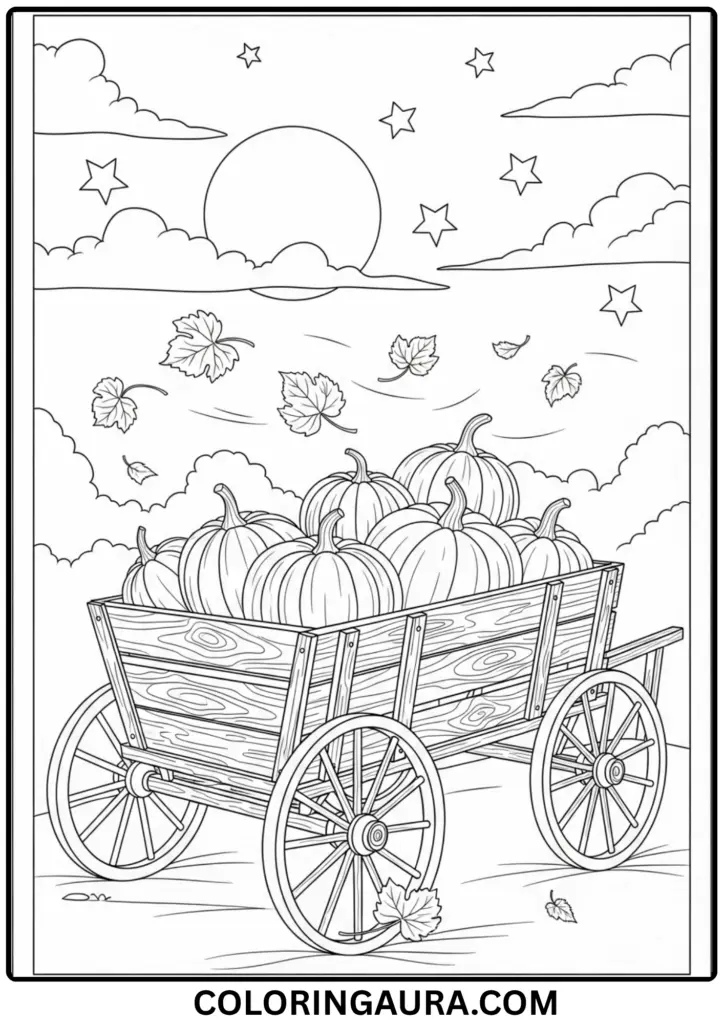 Outline of a wooden cart filled with pumpkins and blowing leaves under the moon.