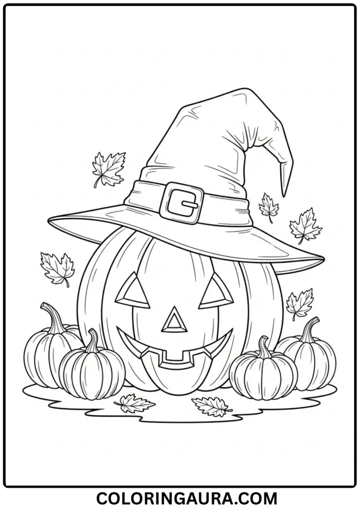 Outline of a pumpkin with a witch's hat surrounded by leaves and small pumpkins