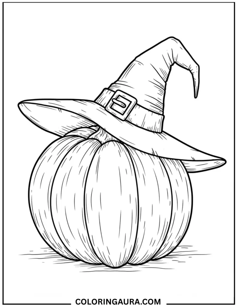 Outline art for coloring showing a large, ribbed pumpkin resting on the ground with a classic, pointed witch's hat with a buckle sitting on top.