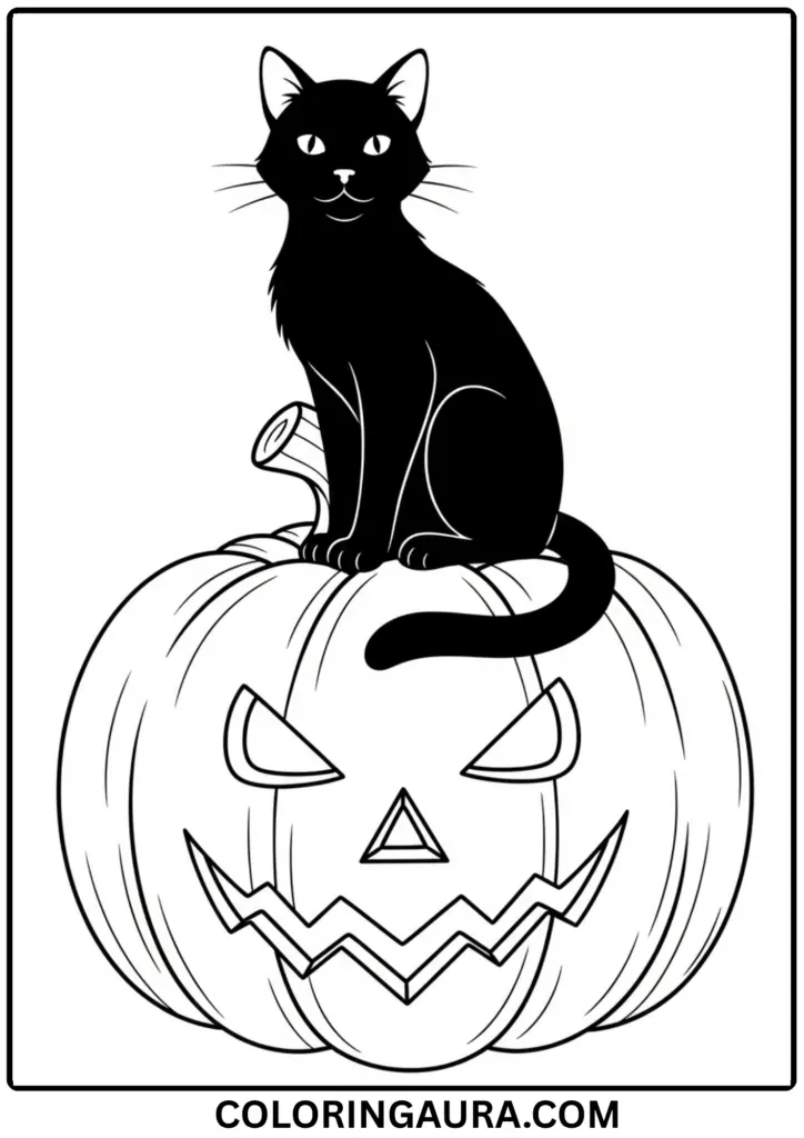 Outline of a pumpkin with a black cat perched on top under the moon.