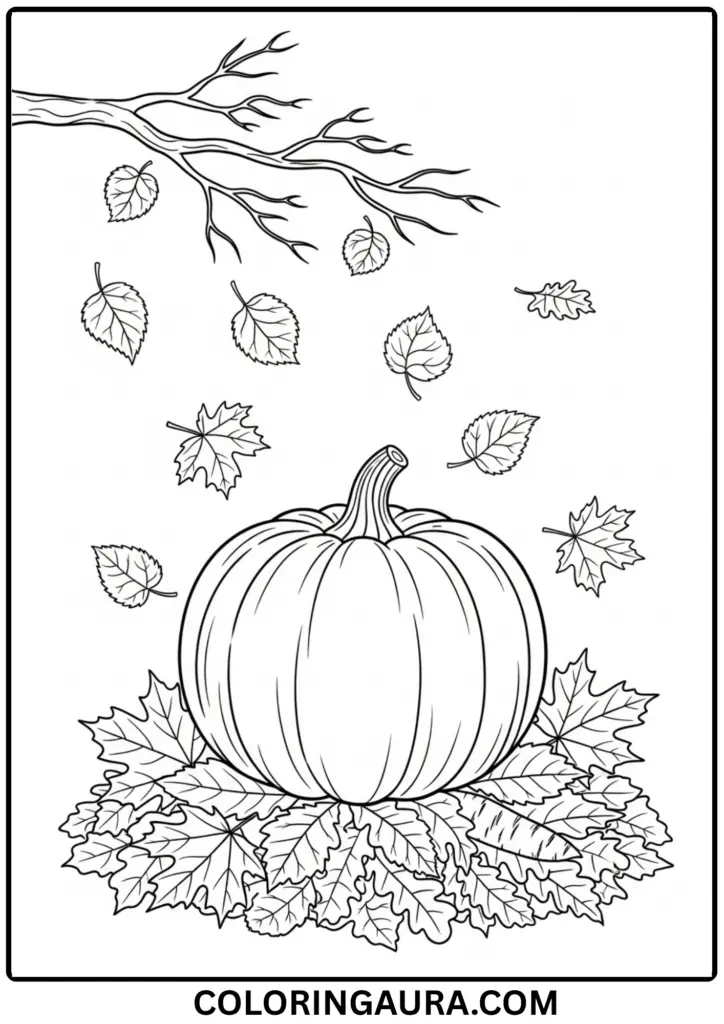 Outline of a pumpkin sitting on autumn leaves with more falling from a tree.