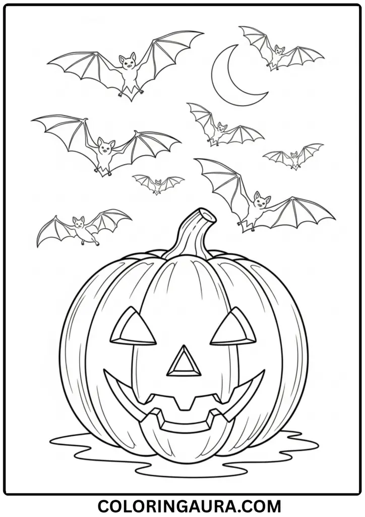 Outline of a carved pumpkin with bats flying above under a crescent moon