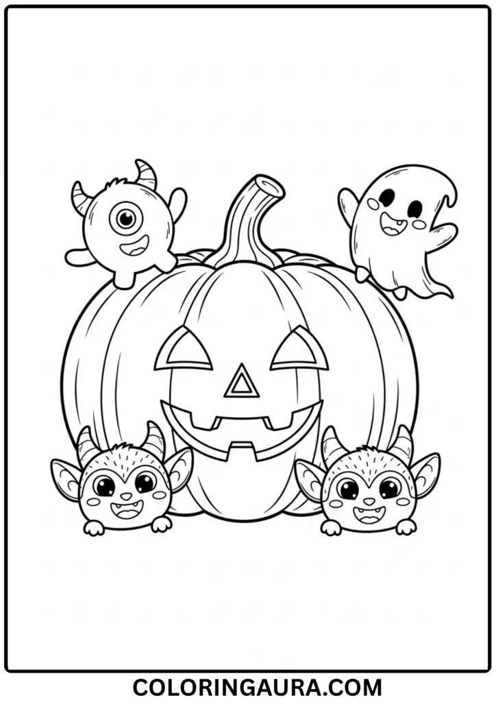 Outline of a pumpkin surrounded by cute Halloween monsters and tiny ghosts.