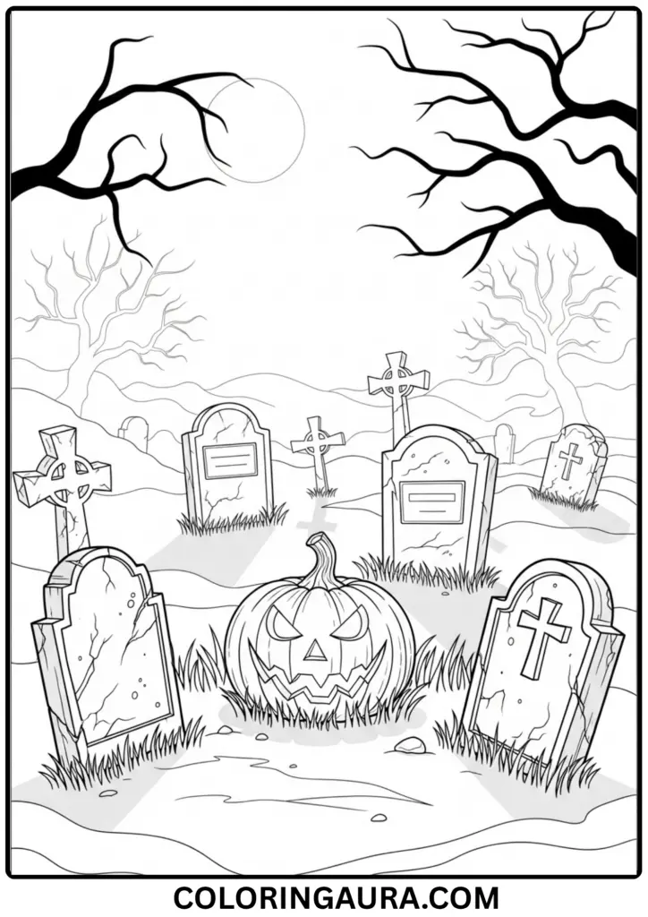 Outline of a glowing jack-o'-lantern in a foggy cemetery with tombstones