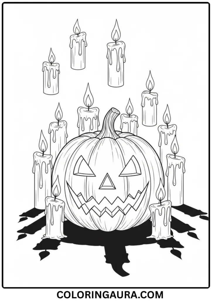 Outline of a jack-o'-lantern surrounded by lit candles casting shadows