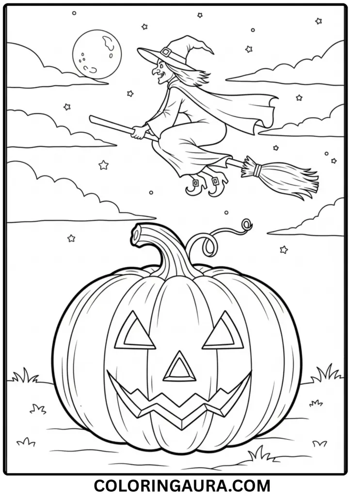 Outline of a pumpkin on the ground with a witch flying across the sky