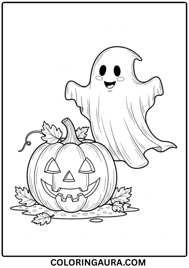 Outline of a jack-o'-lantern beside a floating ghost