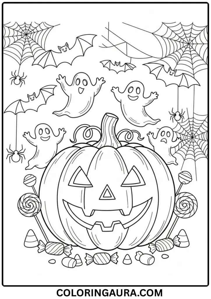 Outline of a pumpkin surrounded by ghosts, bats, spiderwebs, and candy