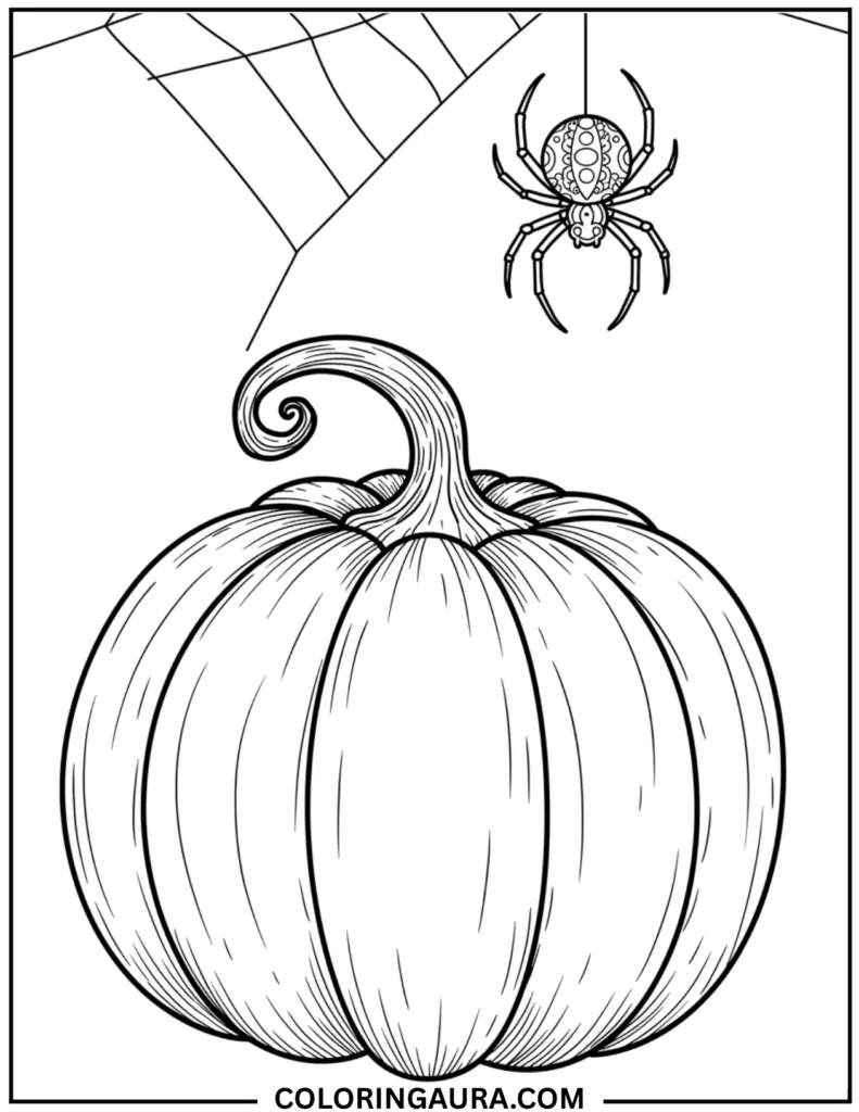 Outline art for coloring featuring a large, ribbed pumpkin with a curly stem, over which a patterned spider is hanging from a detailed spiderweb