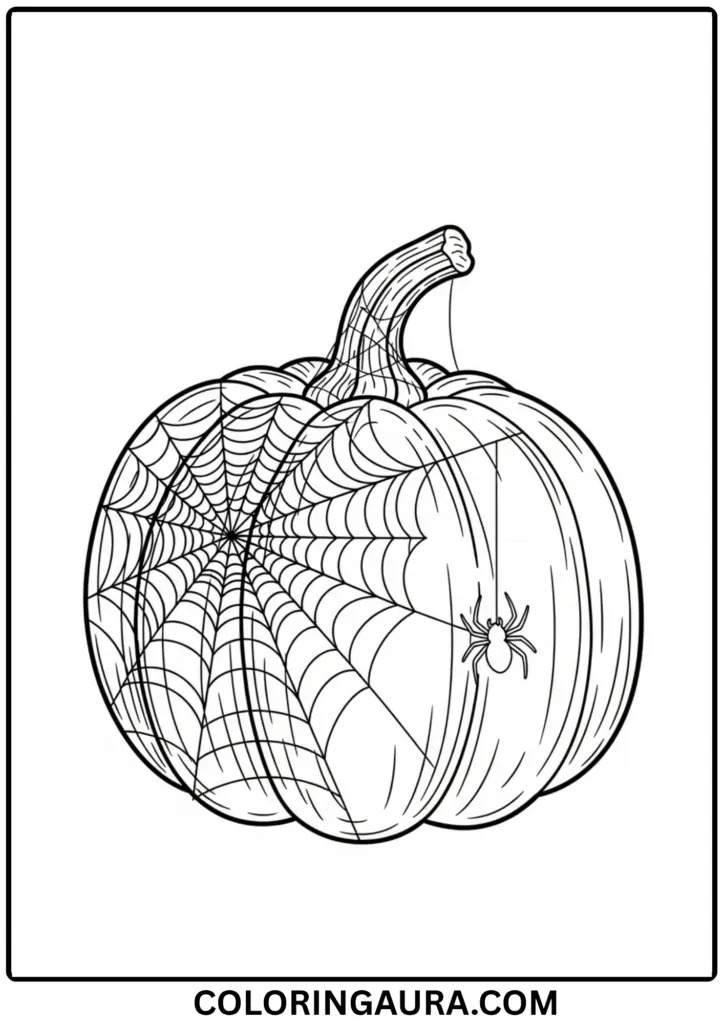 Outline of a pumpkin covered in cobwebs with a spider crawling across it