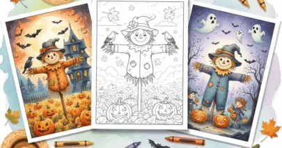 Watercolor illustration showing three scarecrow-themed coloring pages on a textured background; one black-and-white page of a scarecrow in a pumpkin patch, one colored haunted-house scene, and one colorful Halloween page with jack-o'-lanterns and trick-or-treating kids.