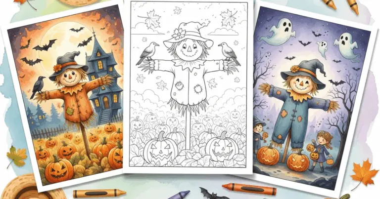 Watercolor illustration showing three scarecrow-themed coloring pages on a textured background; one black-and-white page of a scarecrow in a pumpkin patch, one colored haunted-house scene, and one colorful Halloween page with jack-o'-lanterns and trick-or-treating kids.