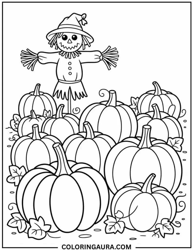 Outline art for coloring featuring a smiling scarecrow with a straw hat and stick arms standing in the background behind a large pile of pumpkins and gourds in a field