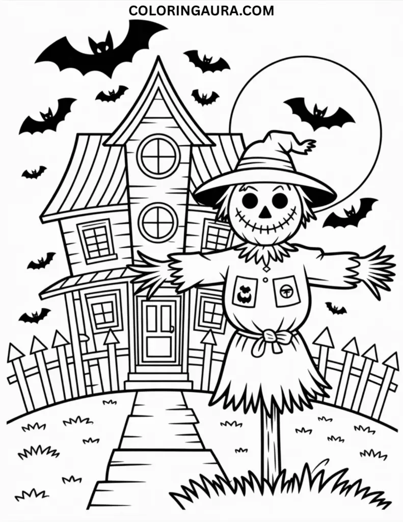 Outline of a scarecrow in front of a haunted house with bats flying and a full moon in the sky