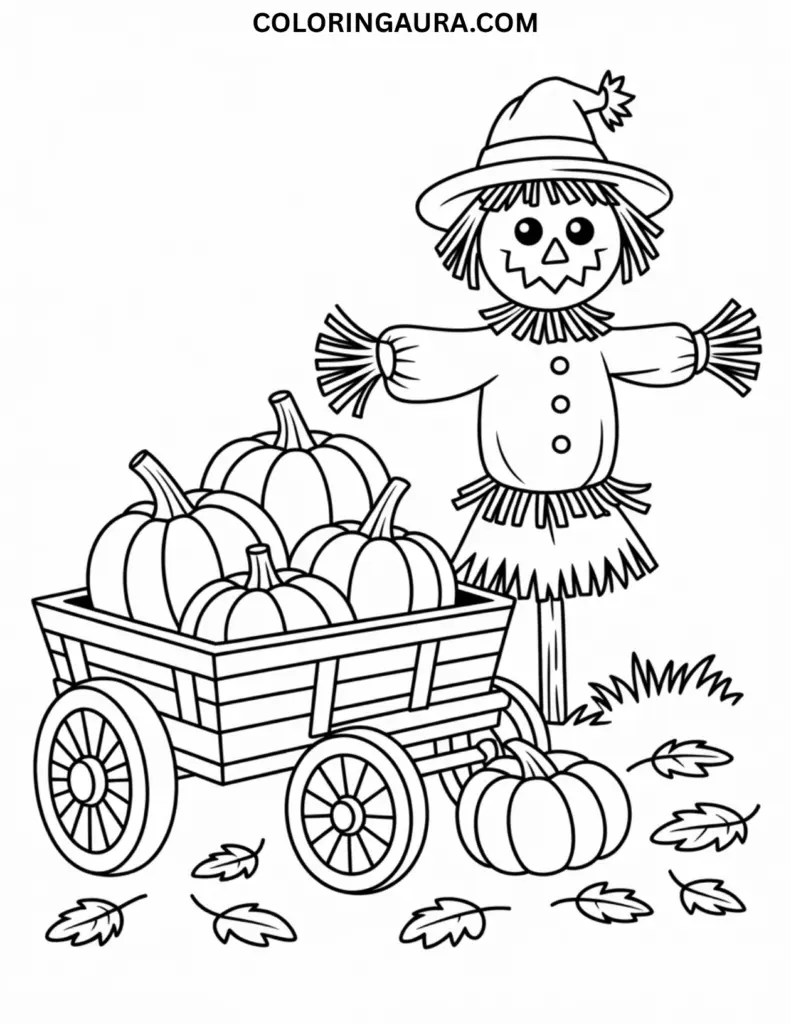 Outline of a scarecrow standing next to a wagon full of pumpkins and autumn leaves on the ground
