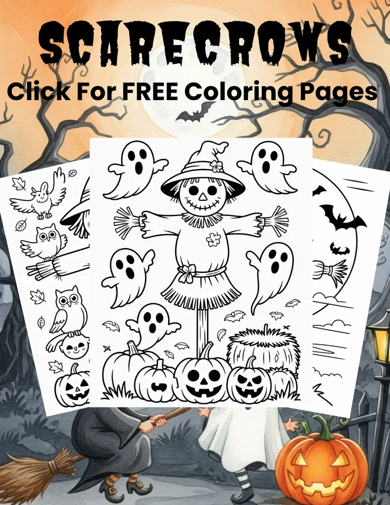Halloween poster showing three scarecrow-themed coloring pages with smiling scarecrows, pumpkins, ghosts, and owls under a full moon.