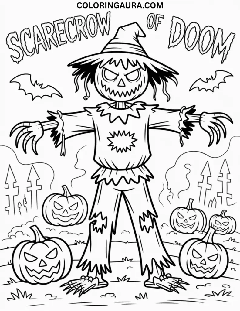 Outline of a terrifying scarecrow with glowing eyes, clawed hands, and tattered clothes in a foggy field