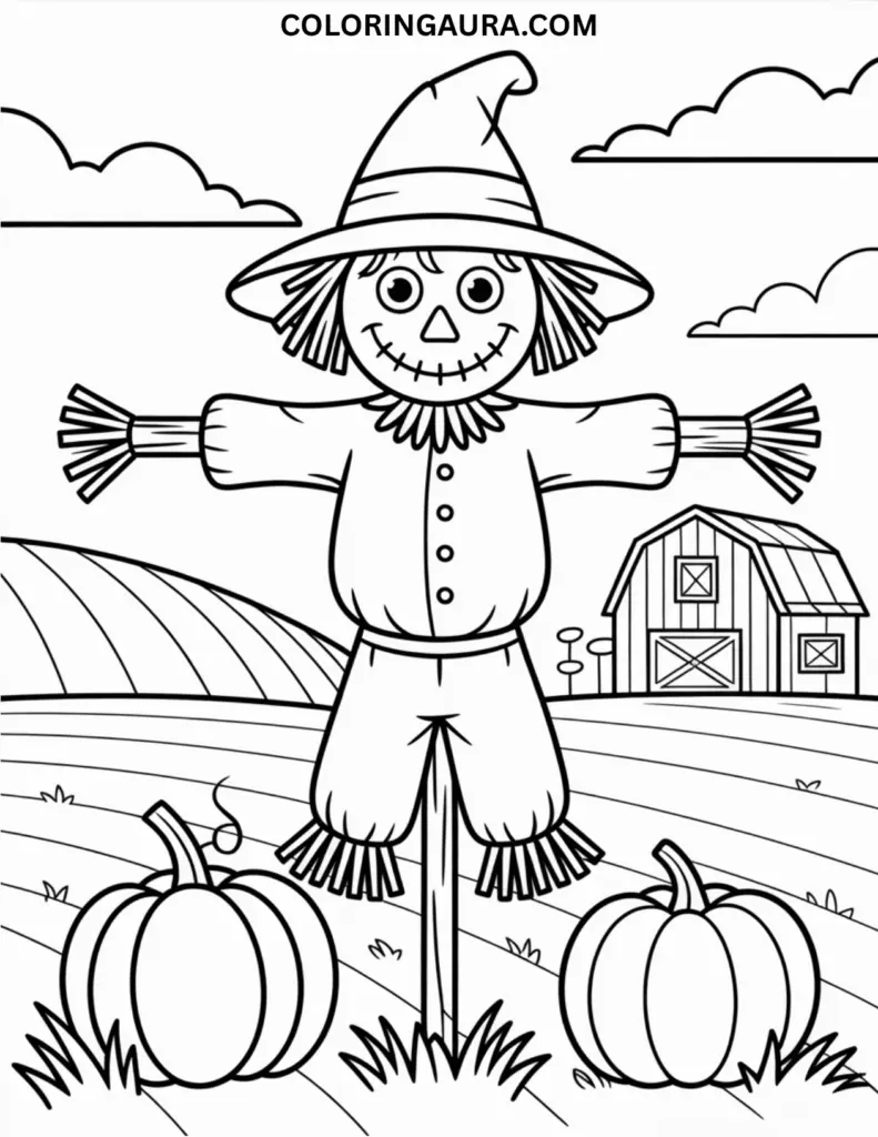 Outline of a scarecrow in a farm field with a barn and pumpkins in the background