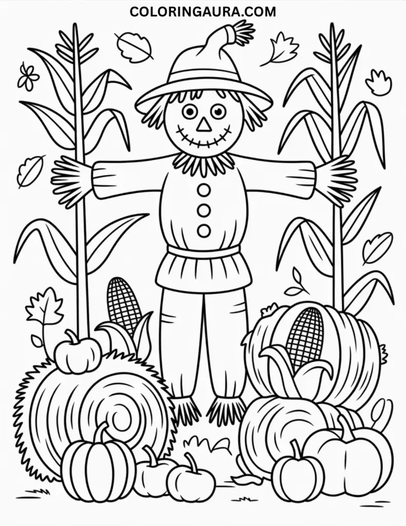 Outline of a scarecrow surrounded by cornstalks, hay bales, apples, and gourds