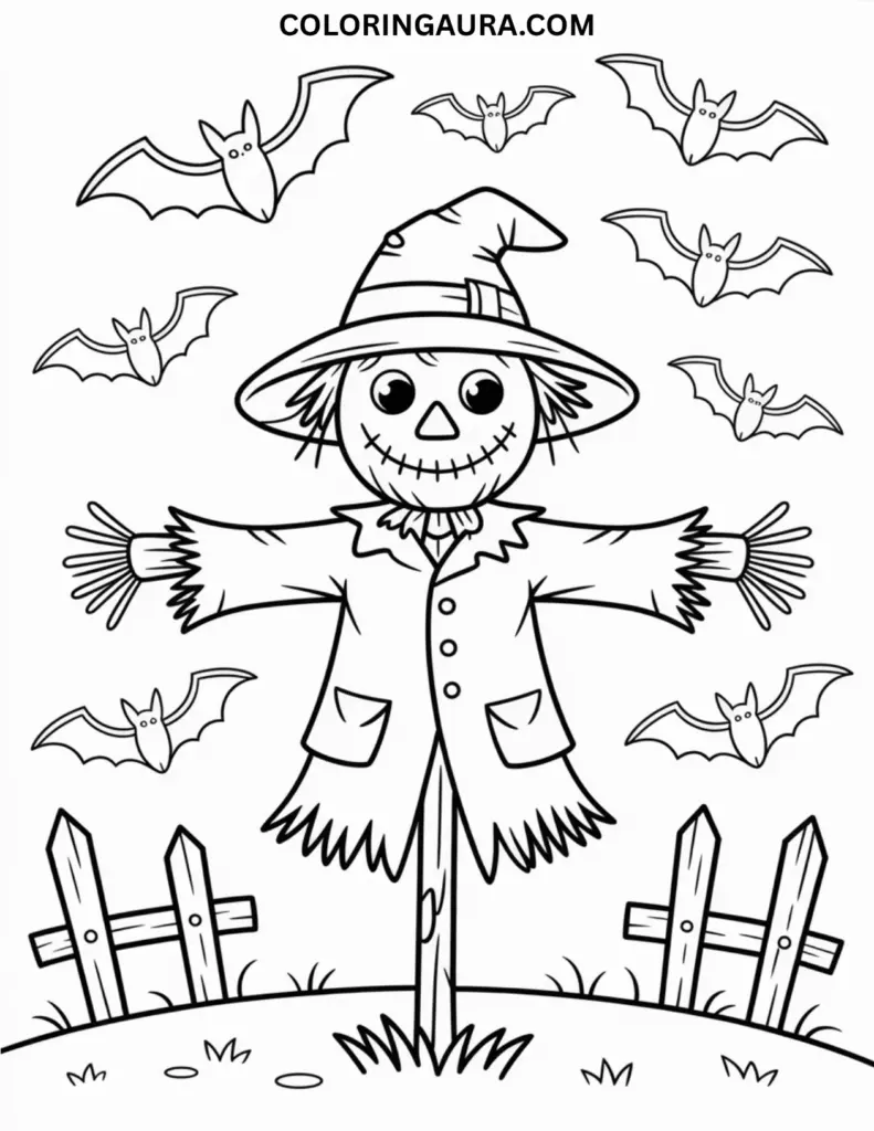 Outline drawing of a scarecrow with a tattered hat and coat surrounded by flying bats in the night.