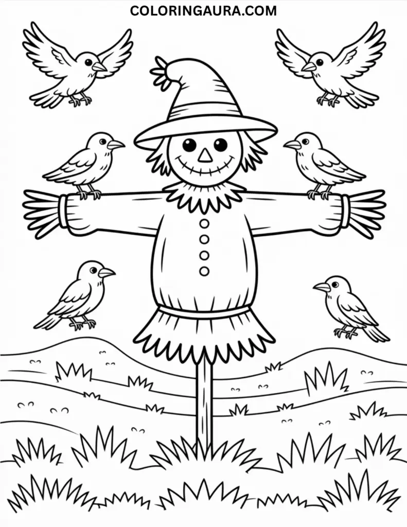 Black-and-white outline of a scarecrow with crows perched on its arms and shoulders in a spooky field