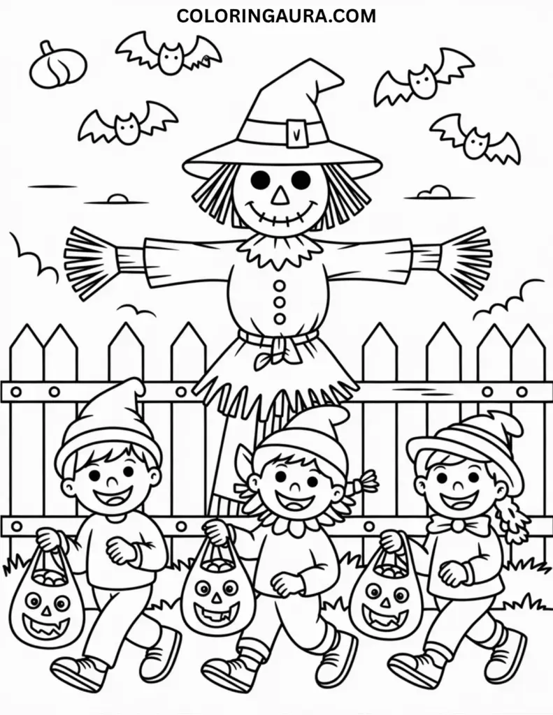 Outline of a scarecrow near a fence as children in costumes run past with candy bags
