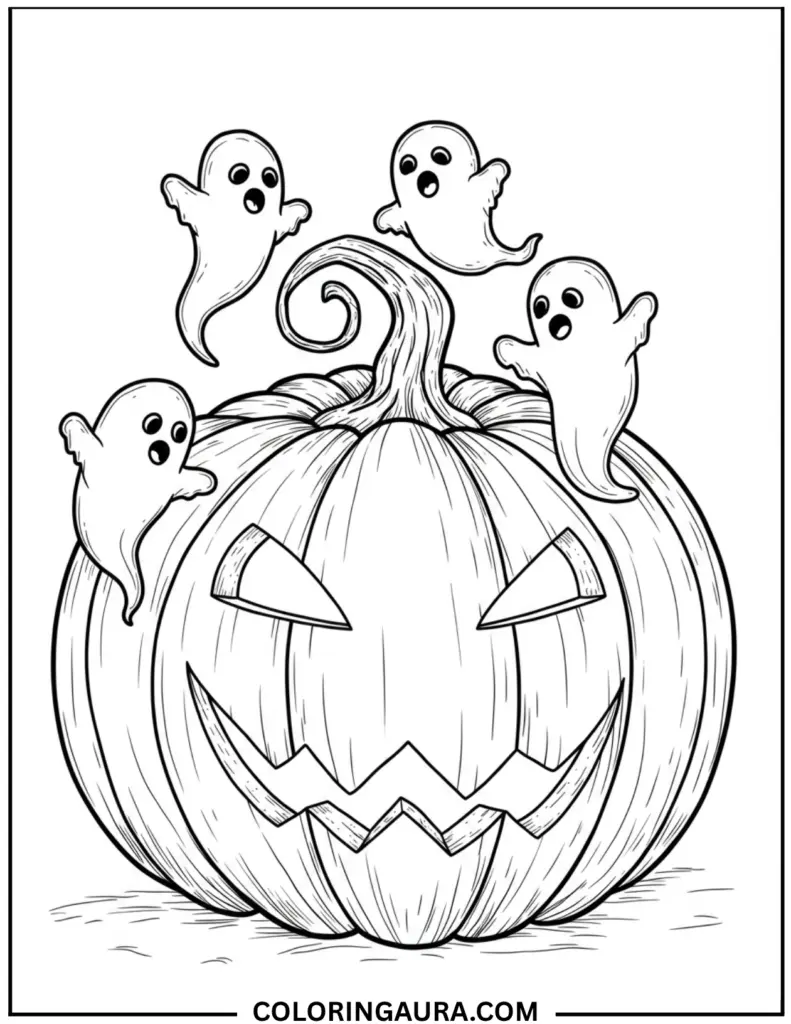 Outline art for coloring featuring a large, scary carved jack-o'-lantern with sharp teeth, surrounded by four small, cute, surprised-looking cartoon ghosts floating around its stem