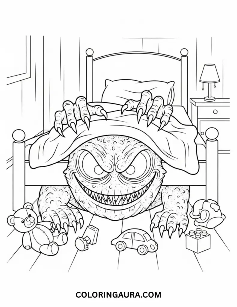 Black and white line art coloring page depicting a monstrous creature with large, menacing eyes and sharp teeth peeking from under a child's bed, with its clawed hands gripping the bedsheet. Scattered toys are on the floor
