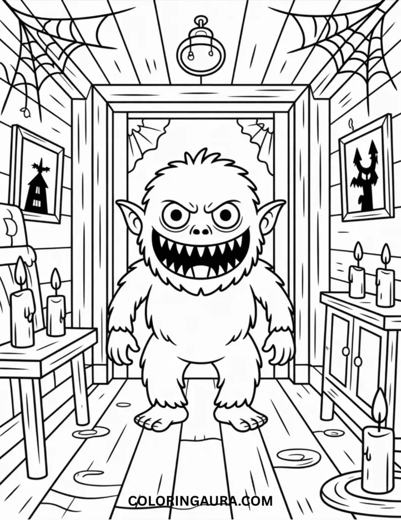 Black and white line art coloring page of a furry, sharp-toothed monster with big eyes standing menacingly in a haunted house hallway, featuring cobwebs, flickering candles, and spooky framed pictures.