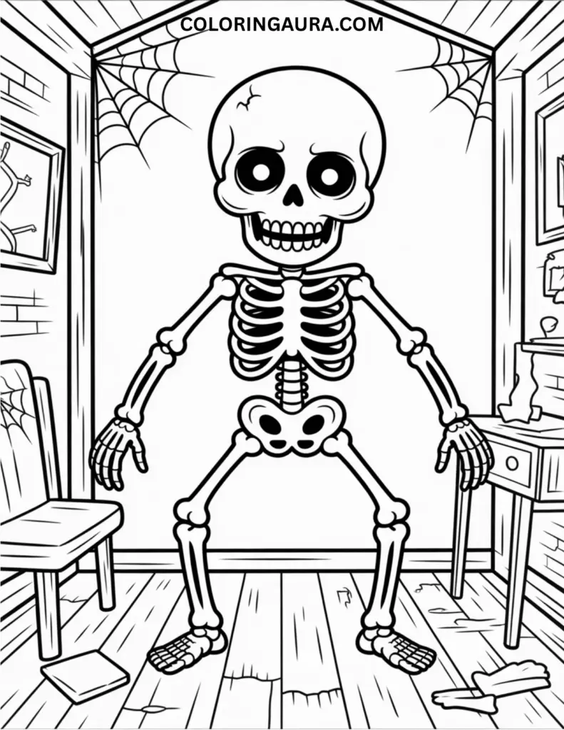 Outline of a skeleton sitting or dancing in a cobwebbed room with broken furniture