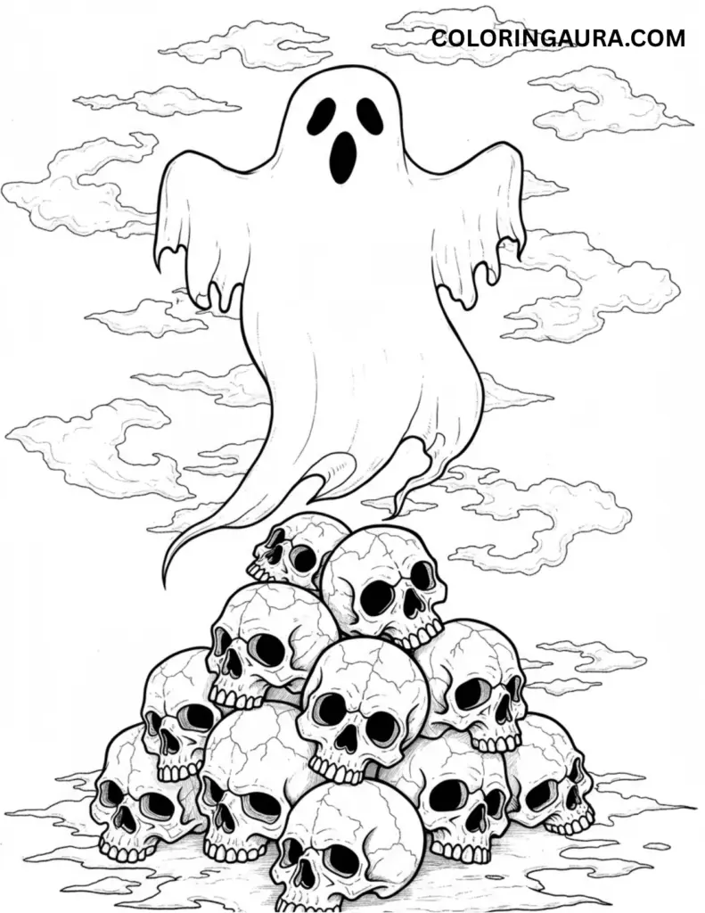 Outline art for coloring featuring a large, surprised-looking sheet ghost floating directly above a tall pile of human skulls, surrounded by wispy clouds and mist