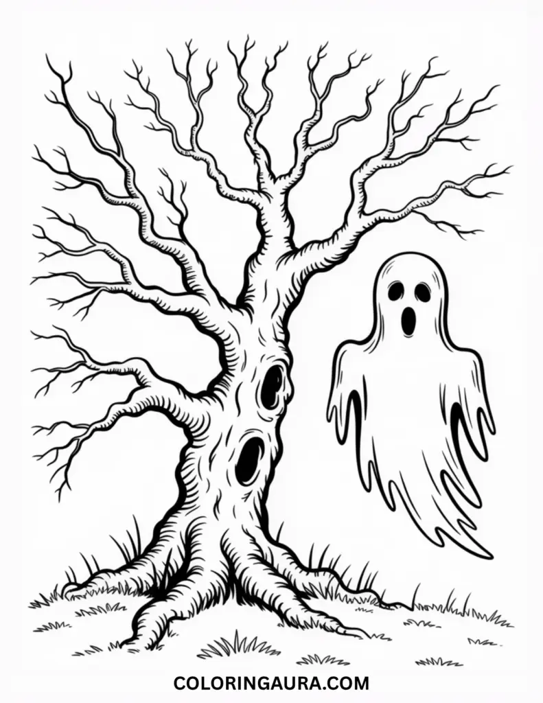 Outline art for coloring featuring a cartoon ghost with an open-mouthed expression of shock or fright, floating next to a large, ancient-looking bare tree with gnarled branches and knot-holes that look like faces