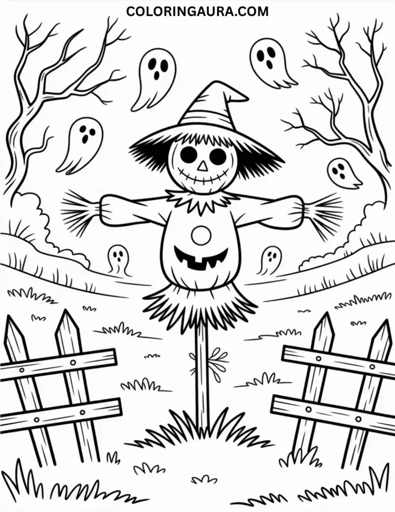 Outline of a scarecrow in a misty field with crooked fences, bare trees, and floating ghosts