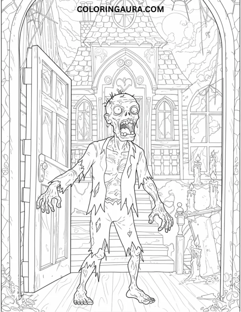 Outline art for coloring featuring a ghastly zombie with tattered clothes and an open, grimacing mouth, standing in the open doorway of a decaying haunted house with cobwebs and flickering candles