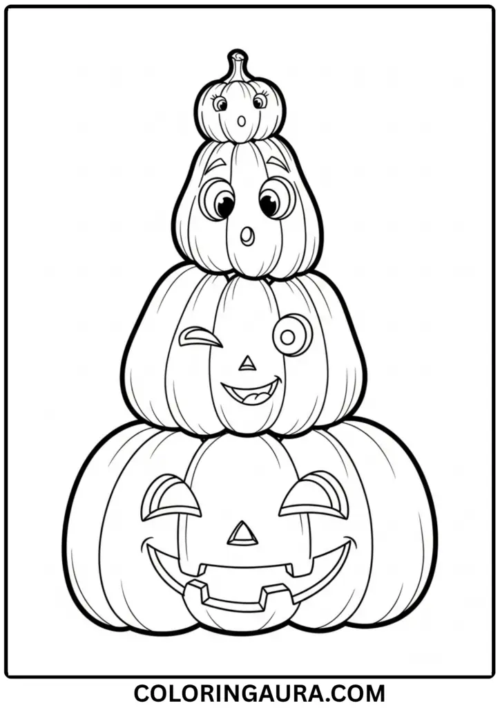 Outline of multiple pumpkins stacked on top of one another with different faces.