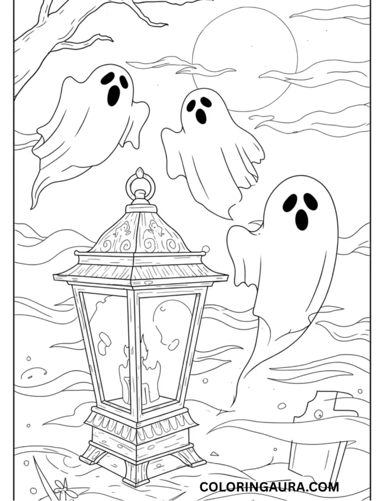 Outline art for coloring featuring three spooky cartoon ghosts floating over a graveyard with tombstones, next to a large, ornate candle lantern under a full moon