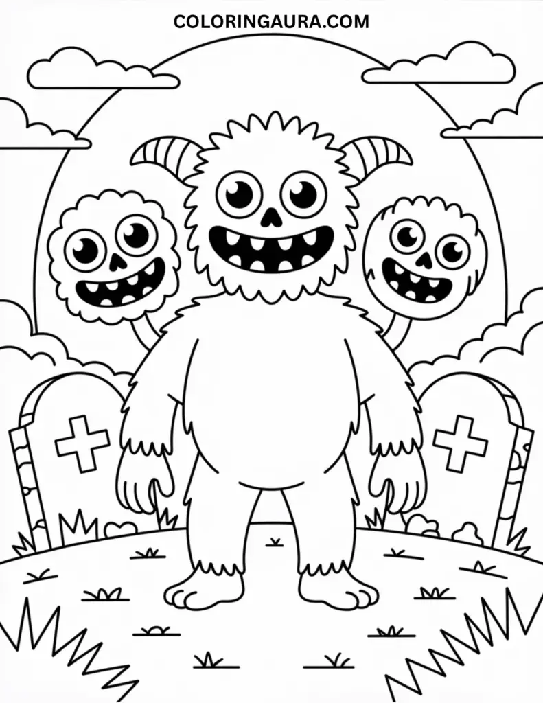 lack and white line art coloring page of a furry monster with a central body and two additional heads on stalks, all with smiling expressions. It stands in a graveyard setting with two tombstones and a full moon in the background.
