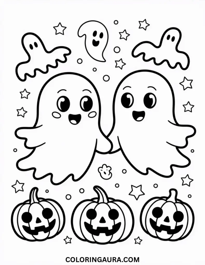 Outline art for coloring featuring a large, happy cartoon ghost with wide eyes and a smile, surrounded by eight smaller, adorable flying bats and numerous stars