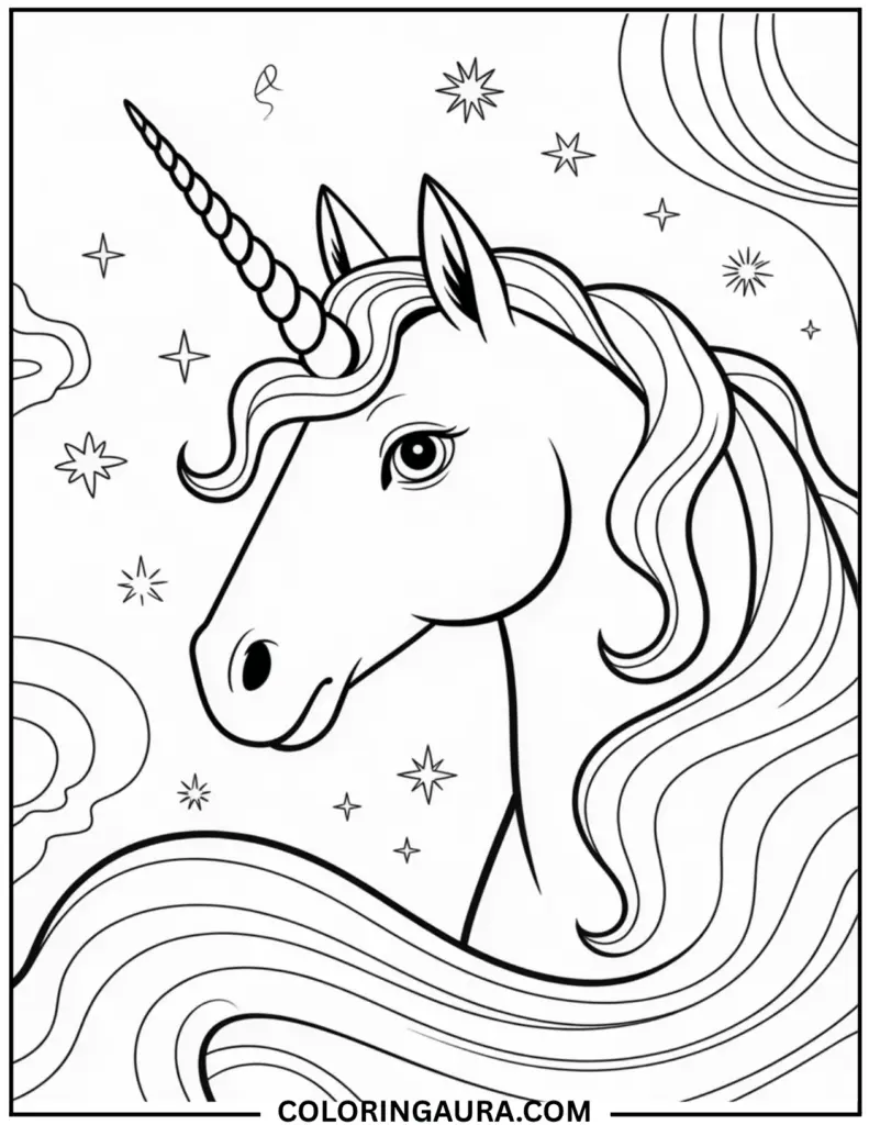 Outline art for coloring featuring a close-up portrait of a majestic unicorn's head, showing its spiraled horn and long, flowing, curly mane, set against a background of twinkling stars and swirling celestial shapes.